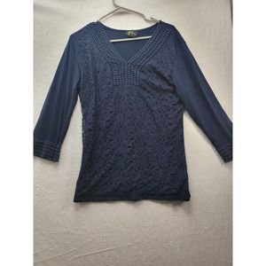 Shannon Ford Navy Blue Knitted Pull over 3/4" Sleeve Blousem Sz L